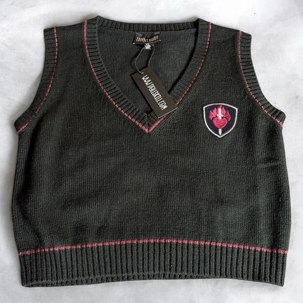 CURRENT MOOD BLACK MAROON KNIT SWEATER VEST CREST DETAIL  XL NWT CATALYST CLUB